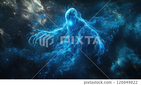Ethereal blue cosmic entity in vibrant space nebula 120849822