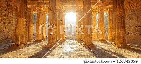Inside Ancient Greek temple with sun view, interior of old stone building with columns, panoramic view. Theme of Greece, architecture, travel, history. 120849859