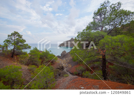 View of Cape Kapchik along the Black Sea coast in Crimea. New World. View of Cape Kapchik along the Black Sea coast in Crimea. New World. 120849861