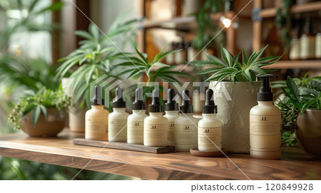 CBD products in glass dropper bottles displayed on a wooden countertop, surrounded by greenery to highlight their natural and sustainable sourcing. 120849928