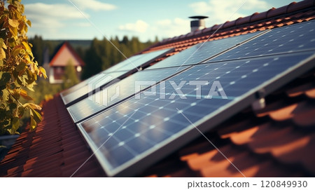 A close-up view of solar panels installed on the roof of a residential building, reflecting commitment to green energy 120849930