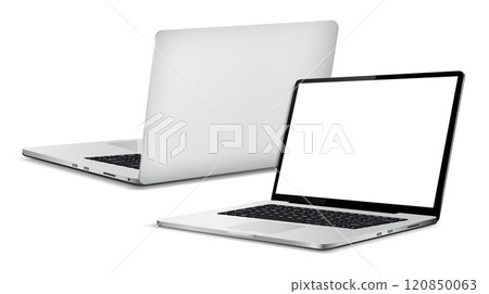 Laptop computer with white screen front and rear view 120850063