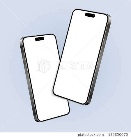 Two smartphones mockup with blank screens while levitating in the air on a blue background Two smartphones mockup with blank screens while levitating in the air on a blue background 120850070