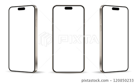 Realistic smartphone mockup. Mobile phone isolated on white background. Cell phone different angles views Realistic smartphone mockup. Mobile phone isolated on white background. Cell phone different angles views 120850233