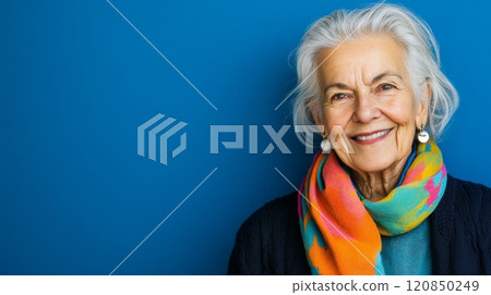 An elderly woman beams with a radiant smile, stylish scarf, and earrings against a bold blue backdrop. An elderly woman beams with a radiant smile, stylish scarf, and earrings against a bold blue backdrop. 120850249