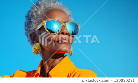 A confident elderly woman in bright mirrored glasses and unique gold earrings stands out against a vivid blue backdrop. 120850251