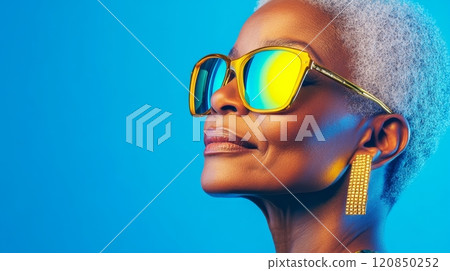 An elderly woman exudes confidence with bright mirrored glasses and gold earrings against a deep blue background. 120850252