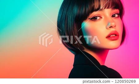 A woman showcases her unique character and expressive face with striking neon gradients in a contemporary studio setup. 120850269