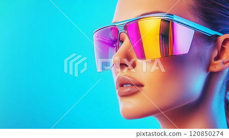 A woman models vibrant futuristic glasses and stylish clothes against a vivid blue backdrop, exuding modern energy. 120850274