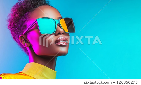A stylish woman displays her unique character with bright glasses and vibrant attire, radiating modern creativity. A stylish woman displays her unique character with bright glasses and vibrant attire, radiating modern creativity. 120850275