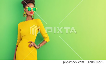 A confident woman flaunts her unique style in a yellow dress and bold accessories on a green backdrop. A confident woman flaunts her unique style in a yellow dress and bold accessories on a green backdrop. 120850276