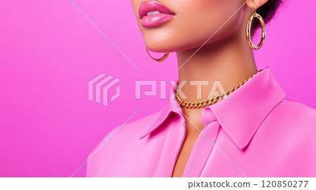 Bright pink blouse and golden jewelry create a striking look with bold colors and energetic expression. 120850277
