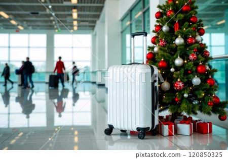 Christmas tree and white Suitcase, inside the Airport. A festive atmosphere. Decorated Christmas tree in airport. Waiting to going on Christmas holiday, Winter Travel. Empty Copy space 120850325