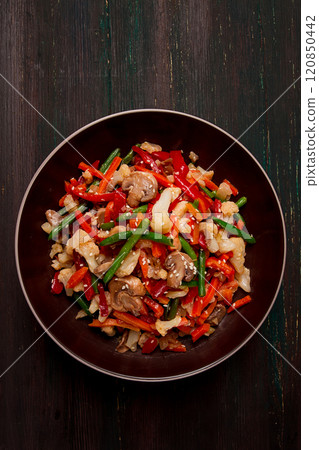 Wok, Asian-style vegetables, street food, mixed vegetables, no people, top view, 120850442