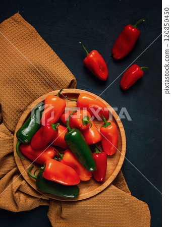 Mini sweet pepper, set, colored peppers, top view, no people, assortment, 120850450