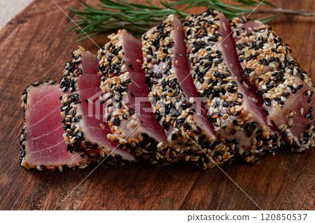 fillet of red tuna meat, fried in sesame seeds, homemade, close-up, no people, fillet of red tuna meat, fried in sesame seeds, homemade, close-up, no people, 120850537
