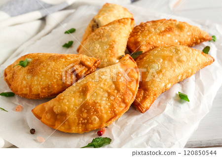 Fried chebureks, close-up, on a light background, no people, Fried chebureks, close-up, on a light background, no people, 120850544