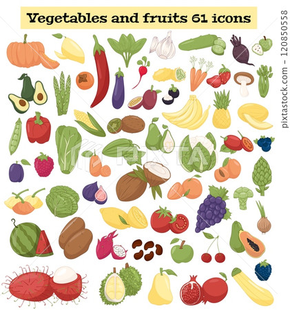 A set of 61 colorful icons of fruits and vegetables. Vector illustration 120850558