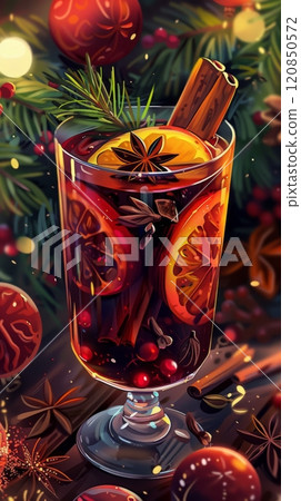 A warm, aromatic mulled wine served on a wooden tray, with cinnamon, star anise, and orange slices, creating a cozy festive stall atmosphere decorated with pine cones, holly, and fairy lights 120850572
