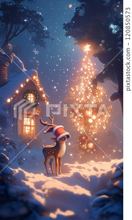 A funny fawn in a Santa hat adds charm to a snowy winter Christmas scene, set near a cozy, illuminated cottage adorned with glowing holiday lights 120850573