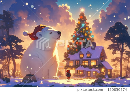 A cute young white bear cub in a Santa Claus hat sits in a snowy Christmas scene, with an adorable cottage illuminated by glowing Christmas lights nearby 120850574
