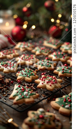 In a warm kitchen, a tray of delicious Christmas cookies cools on a rack, accompanied by baking supplies and festive decorations, creating a joyful holiday atmosphere 120850576