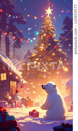 A funny white bear cub wearing a Santa hat adds charm to a snowy winter wonderland, with a cozy cottage glowing in Christmas lights in the background 120850577