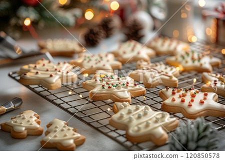 A cozy kitchen scene featuring a tray of freshly baked Christmas cookies cooling on a rack, surrounded by baking supplies, cookie cutters, and cheerful holiday decorations 120850578