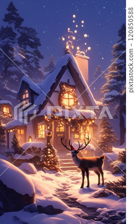 A funny young reindeer wearing a Santa hat adds charm to a winter wonderland, where a cozy cottage glows with Christmas lights and a festive tree completes the scene 120850588