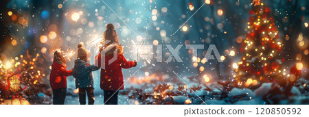 A joyful group of friends, holding sparklers, pose in front of a festively decorated Christmas tree with glowing lights, creating a cheerful holiday scene, banner 120850592