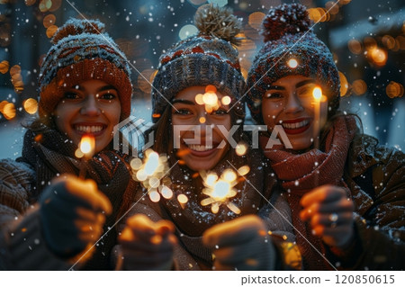A group of friends stands together, smiling and holding sparklers, with a beautifully decorated Christmas tree and festive lights glowing in the background A group of friends stands together, smiling and holding sparklers, with a beautifully decorated Christmas tree and festive lights glowing in the background 120850615