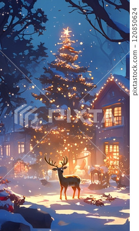 A funny fawn in a Santa hat adds charm to a snowy winter Christmas scene, set near a cozy, illuminated cottage adorned with glowing holiday lights A funny fawn in a Santa hat adds charm to a snowy winter Christmas scene, set near a cozy, illuminated cottage adorned with glowing holiday lights 120850624