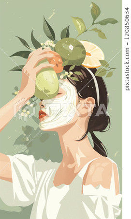In a self-care moment, a woman enjoys applying a vibrant homemade face mask crafted from fresh fruits and vegetables, promoting healthy and rejuvenated skin 120850634