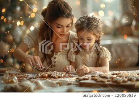 A little girl and her mother roll out dough and use cookie cutters to make gingerbread cookies in a warm, cozy kitchen adorned with Christmas decorations 120850639