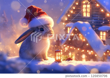 A cute little rabbit wearing a Santa Claus hat sits in a snowy winter scene, with a charming cottage illuminated by glowing Christmas lights in the background 120850706