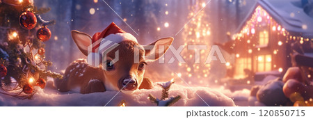 In a magical winter setting, a cute fawn with a Santa hat stands in the snow, next to an adorable cottage illuminated with bright Christmas lights, creating a festive holiday scene, banner 120850715