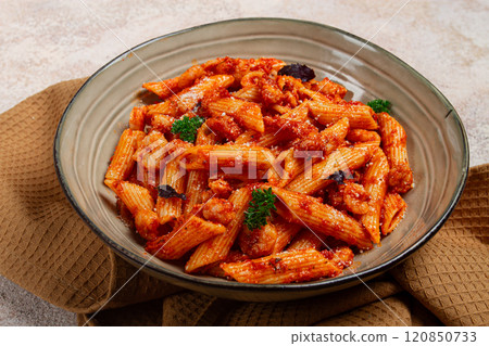 Penne pasta, with shrimp in tomato sauce, close-up, no people, Penne pasta, with shrimp in tomato sauce, close-up, no people, 120850733