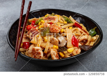 fried noodles with chicken meat and vegetables, Bami Goreng, Indonesian dish, no people, 120850738