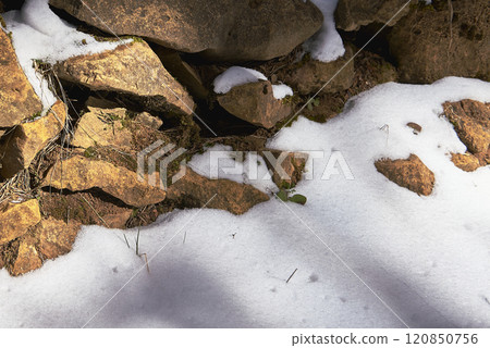 A stone wall surrounded by snow and vegetation A stone wall surrounded by snow and vegetation 120850756