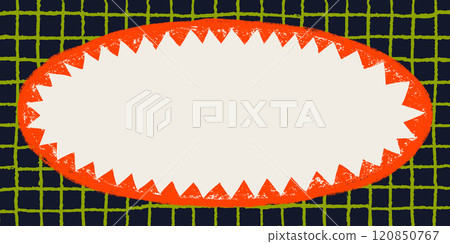 Oval shape with zigzag torn edges. Grunge style star circle frame with ripped border. Rough edges round Sticker on dark plaid pattern background. Vector silhouette for stickers, banners. 120850767