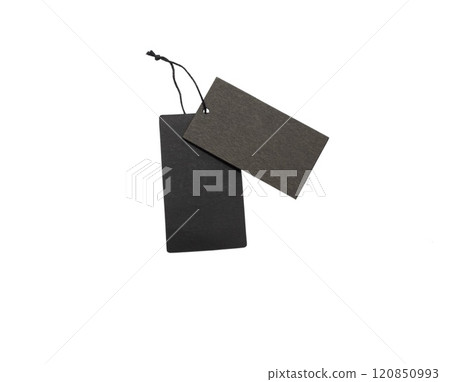 Black shopping tag with gold cord isolated on white background 120850993