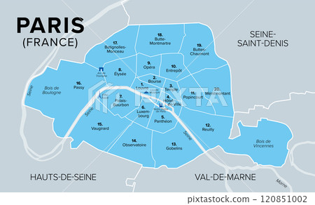 Arrondissements of Paris, capital of France, Europe, political map. Paris is divided into 20 municipal arrondissements. They spiral outwards clockwise, starting with Louvre, the first arrondissement. Arrondissements of Paris, capital of France, Europe, political map. Paris is divided into 20 municipal arrondissements. They spiral outwards clockwise, starting with Louvre, the first arrondissement. 120851002