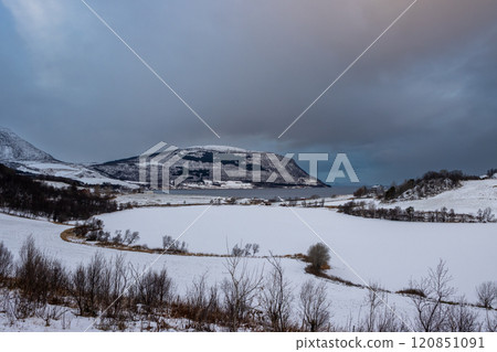 Snowy landcape with mountains, Harstad, Norway 120851091