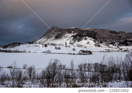 Snowy landcape with mountains, Harstad, Norway 120851092