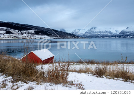 Seaside with a red house, Harstad, Norway 120851095