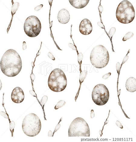 Seamless watercolor pattern of spring willow branches and Easter eggs. Hand-painted illustration for greeting cards, invitations, fabric design. For holiday invitations, wallpaper, wedding templates. Seamless watercolor pattern of spring willow branches and Easter eggs. Hand-painted illustration for greeting cards, invitations, fabric design. For holiday invitations, wallpaper, wedding templates. 120851171