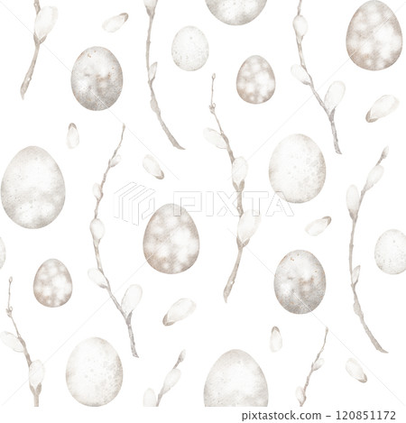 Seamless watercolor pattern of spring willow branches and Easter eggs. Muted Hand-painted illustration for invitations, fabric design. For holiday invitations, wallpaper, wedding templates. Seamless watercolor pattern of spring willow branches and Easter eggs. Muted Hand-painted illustration for invitations, fabric design. For holiday invitations, wallpaper, wedding templates. 120851172