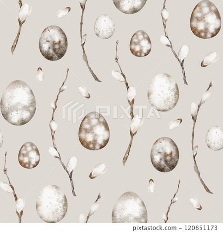 Seamless watercolor illustration of spring willow branches and Easter eggs. Hand-painted pattern for greeting cards, invitations, or fabric design. Botanical artwork in a rustic and delicate style. 120851173