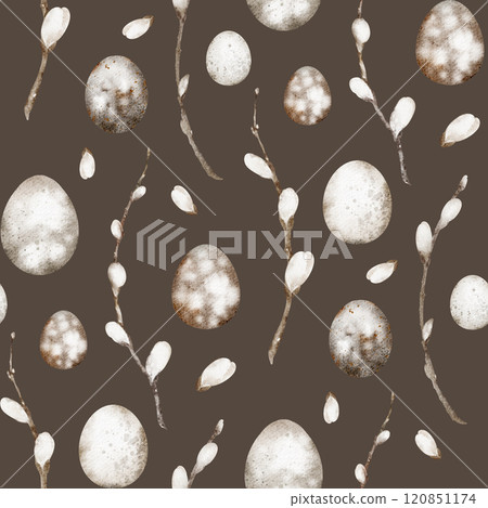 Seamless watercolor illustration of spring willow branches and Easter eggs. Hand-painted pattern for greeting cards, invitations, or fabric design. Botanical artwork in a rustic and delicate style. 120851174