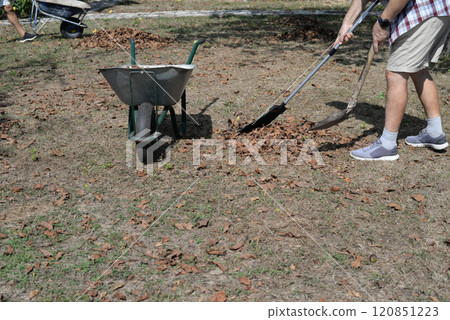 Man is raking and cleaning up dry leaves in a garden. Garbage collection - Saturday cleanup day. Without a face. 120851223